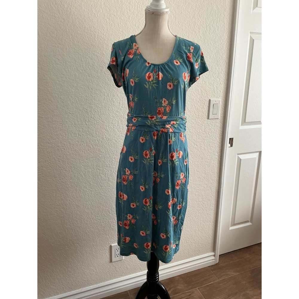 Downeast Floral Midi Dress Size M Teal Blue Rose Print Ruched Waist Short Sleeve